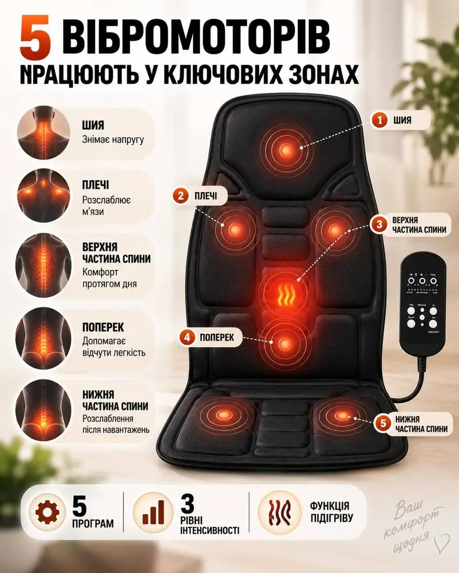 5 вібромоторів працюють у ключових зонах: шия, плечі, спина